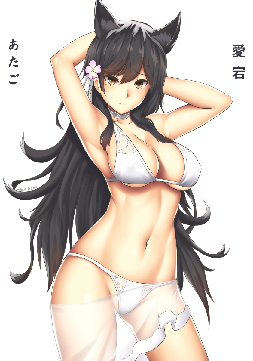 animal_ears arciealbano armpits arms_behind_head arms_up artist_name atago_(azur_lane) azur_lane bangs bikini black_hair blush breasts brown_eyes choker cleavage closed_mouth contrapposto copyright_name cowboy_shot extra_ears eyebrows_visible_through_hair flower hair_flower hair_ornament highres large_breasts legs_apart long_hair looking_at_viewer mole mole_under_eye navel partially_visible_vulva sarong see-through simple_background smile solo standing stomach swept_bangs swimsuit translation_request tsurime very_long_hair white_background white_bikini white_neckwear