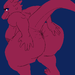 2017 5_fingers animated anthro anus areola bent_over big_areola big_breasts big_butt blue_background blue_eyes breasts butt calorie digital_media_(artwork) dragon eyelashes fart female inverted_nipples looking_back low_res nipples presenting presenting_anus presenting_hindquarters red_skin scalie simple_background spread_butt spreading