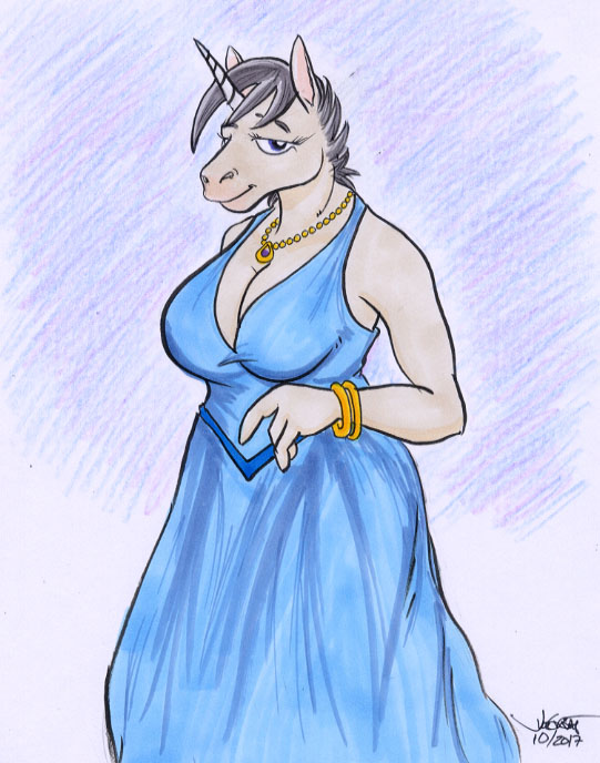 2017 anthro black_hair blue_eyes bracelet breasts cleavage clothed clothing dress equine female hair horn jewelry looking_at_viewer mammal necklace pencil_(artwork) portrait rabbi-tom simple_background slightly_chubby smile solo standing three-quarter_portrait traditional_media_(artwork) unicorn