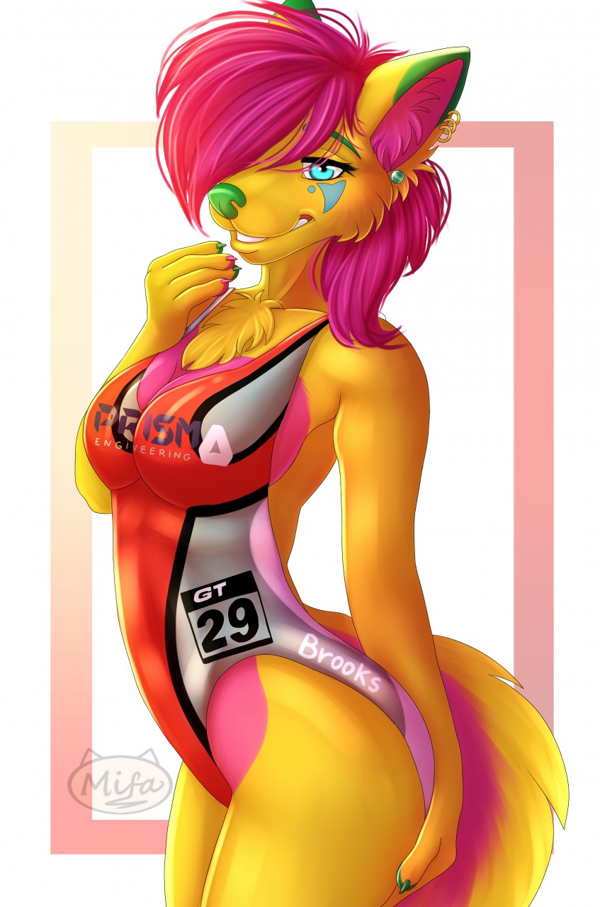 2017 anthro big_breasts biped blue_eyes breasts canine chest_tuft clothed clothing english_text eyebrows eyelashes facial_markings female fur green_nose hair hand_on_butt humanoid_hands long_hair looking_at_viewer mammal markings mifa multicolored_fur navel nipples pink_fur pink_hair pink_nipples portrait shadow side_view signature snout solo standing text three-quarter_portrait tongue tongue_out topless tuft two_tone_fur wolf yellow_fur