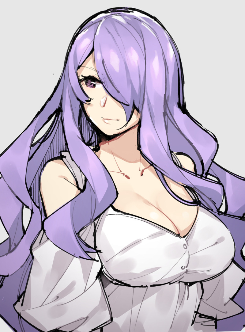 1girl breasts camilla_(fire_emblem) cleavage fire_emblem large_breasts long_hair purple_eyes purple_hair smile solo upper_body