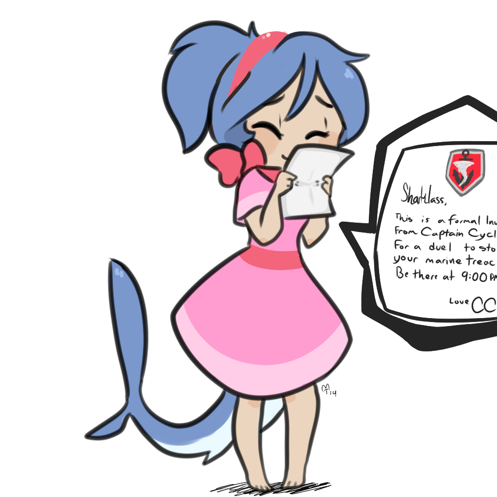 2014 anchor barefoot blue_hair blue_tail blush bow_tie clothing cyclone digital_media_(artwork) dress english_text eyes_closed female hair headband light_skin mt ponytail shark_humanoid shark_tail signature simple_background solo text toony white_background