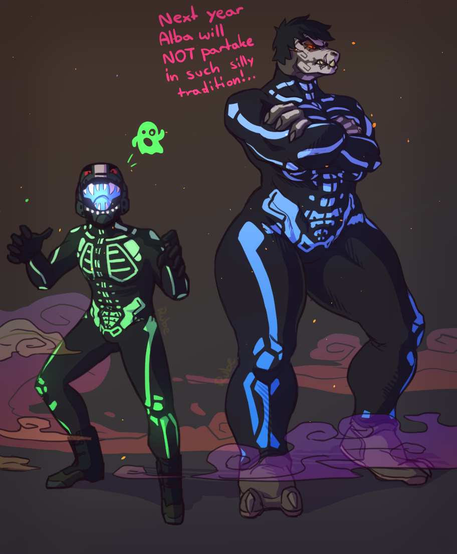 2_toes alba_(character) alien armor costume dress_up female halloween halo_(series) helmet holidays human jiralhanae male mammal rube size_difference skeleton_suit skintight_suit the_rookie_(character) toes video_games