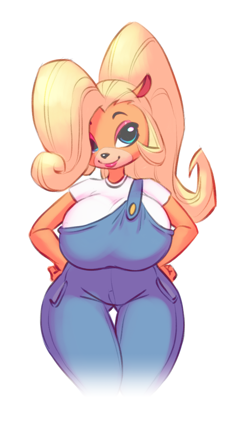 2017 anthro bandicoot big_breasts black_nose blonde_hair blue_eyes breasts clothed clothing coco_bandicoot crash_bandicoot_(series) female hair hi_res long_hair looking_at_viewer mammal marsupial nitro overalls shirt simple_background smile solo video_games white_background