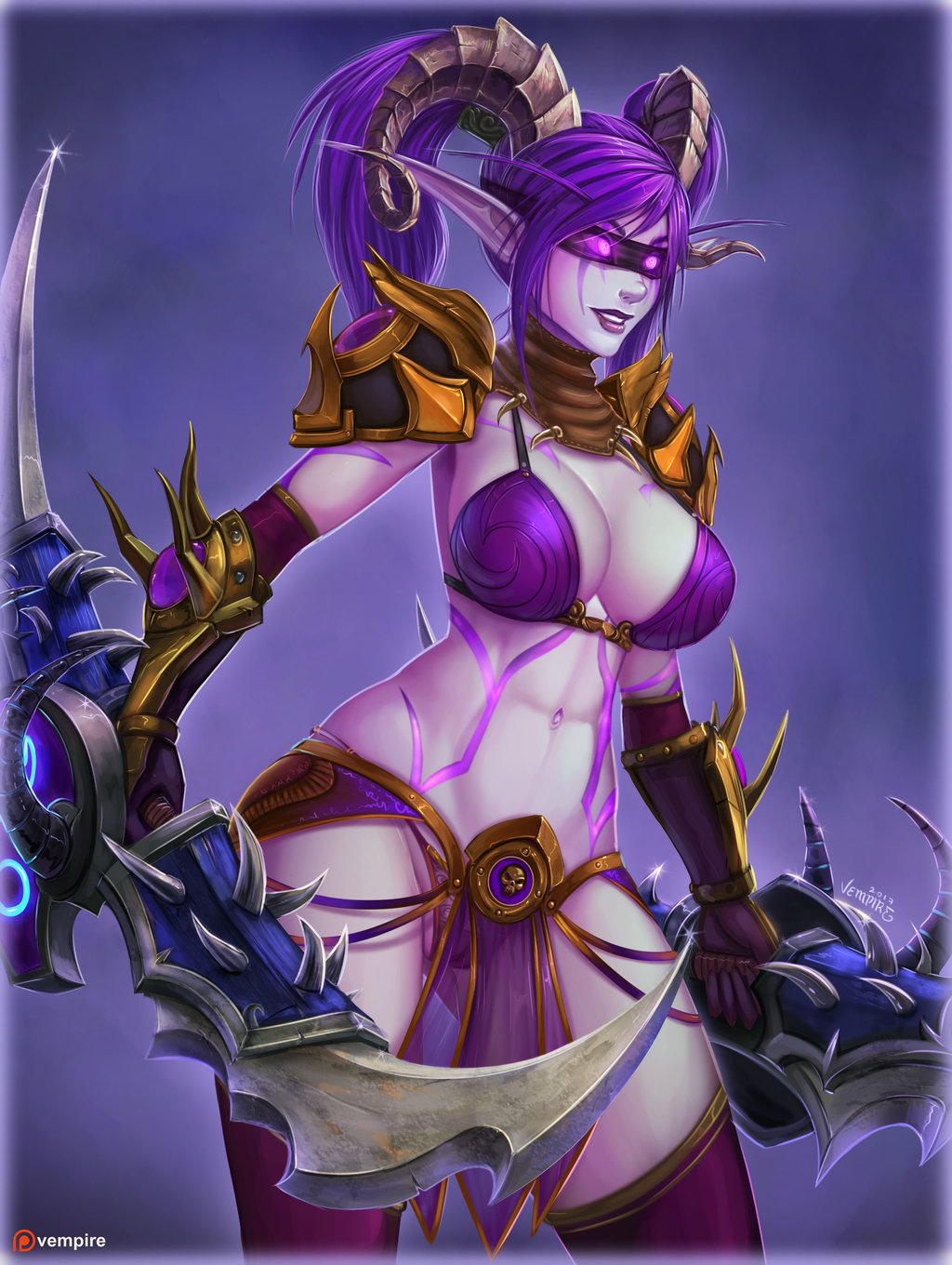 2017 big_breasts blindfold breasts clothed clothing demon demon_hunter digital_media_(artwork) elf eyebrows eyelashes female gloves glowing glowing_eyes hair hi_res holding_object holding_weapon horn humanoid melee_weapon night_elf nilania not_furry panties pigtails pointy_ears purple_eyes purple_hair pussy sheer_clothing shoulderpads simple_background skimpy smile solo standing tattoo translucent transparent_clothing underwear vempire video_games warcraft weapon