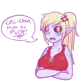 angry big_breasts blonde_hair blush breasts bust_portrait clothed clothing digital_media_(artwork) english_text female hair humanoid looking_at_viewer mammal not_furry ponytail portrait purple_skin sodastream solo speech_bubble tacuko text