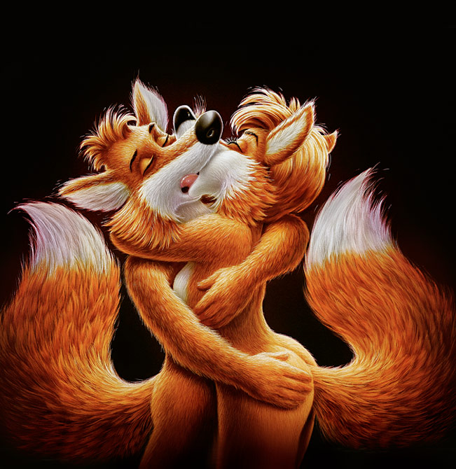anthro breasts butt canine duo f&uuml;chschen female fox french_kissing fur hair hand_on_butt kissing klimiont male male/female mammal nude side_boob standing tongue tongue_out
