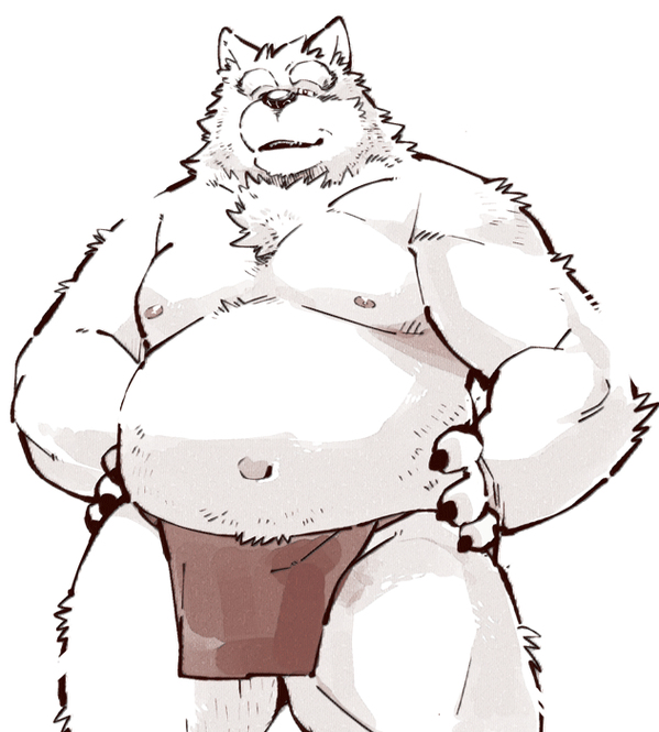 anthro belly better_version_at_source canine clothing eyewear fundoshi garouzuki glasses japanese_clothing loincloth male mammal musclegut old overweight slightly_chubby solo underwear undressing wolf