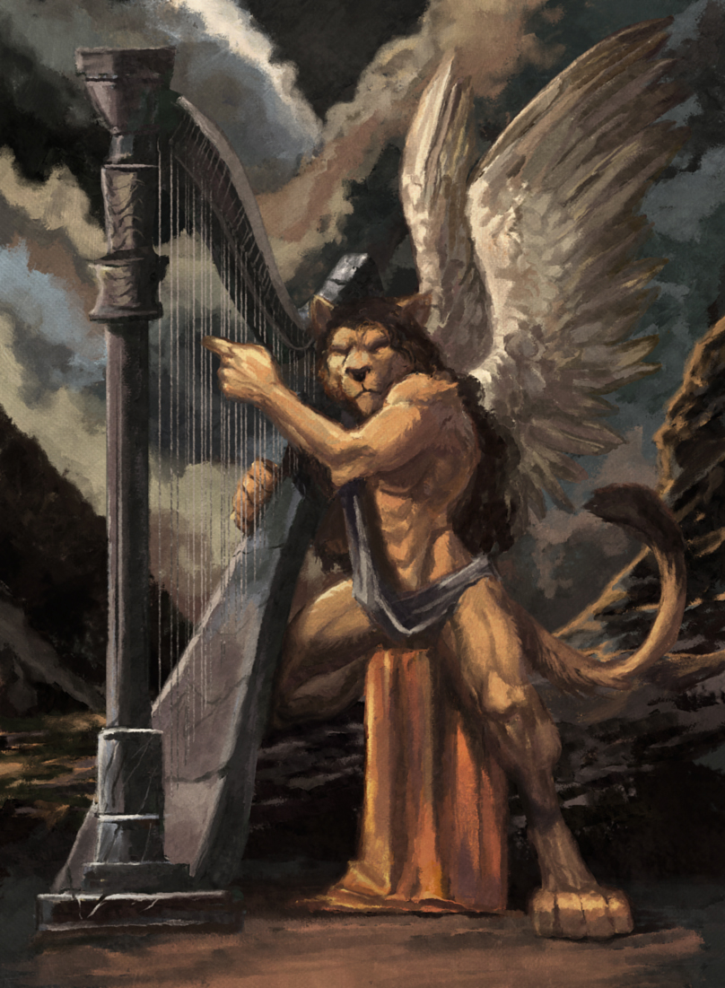 amazing anthro clothing cloud conditional_dnp feline harp lion male mammal muscular muscular_male musical_instrument outside sky solo toga trunchbull wings