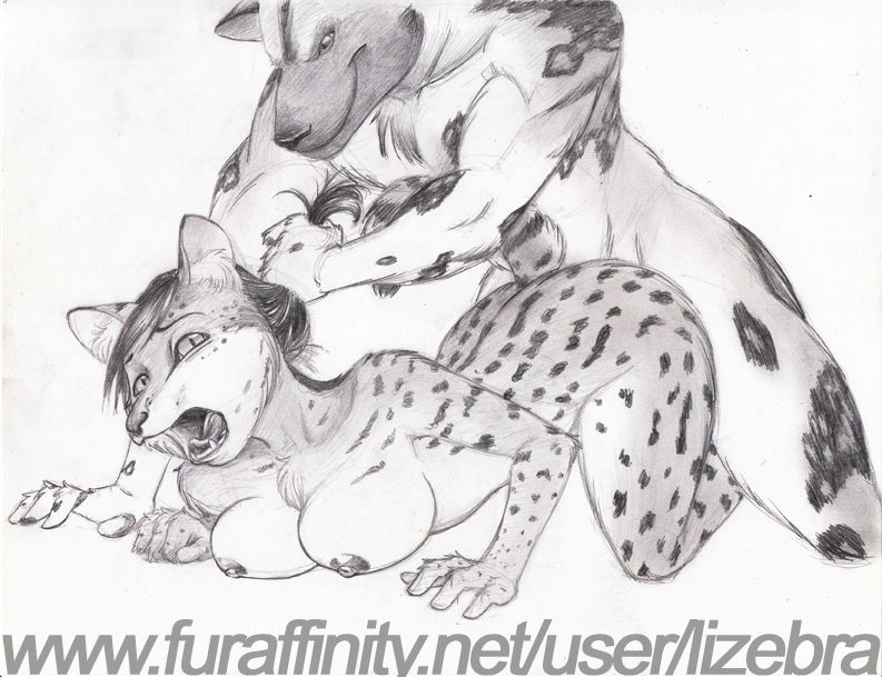 2011 african_wild_dog all_fours anthro breasts canine chest_tuft duo feline female from_behind_position hair lizebra looking_at_viewer male male/female mammal monochrome nipples nude pulling_hair serval sex spots tongue tuft watermark