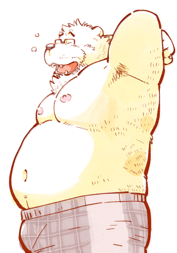 anthro bear belly better_version_at_source blush boxers_(clothing) bulge clothing eyewear garouzuki glasses male mammal open_mouth overweight slightly_chubby solo stretching tired underwear yawn