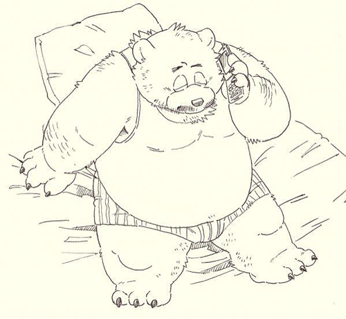 anthro bear belly better_version_at_source boxers_(clothing) cellphone clothing garouzuki high_angle-view male mammal overweight phone shirt sitting slightly_chubby solo tank_top underwear