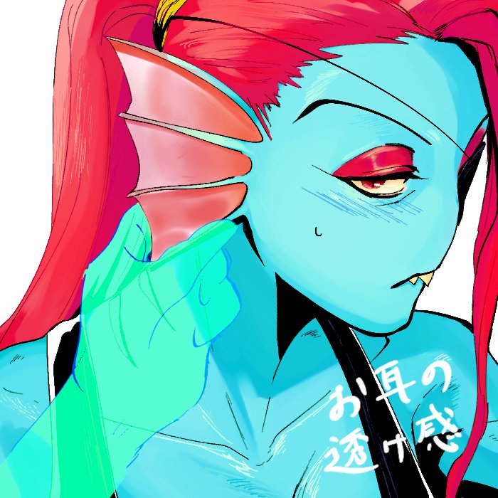 anthro blue_skin blush close-up disembodied_hand duo eye_patch eyewear female first_person_view fish hair long_hair looking_at_viewer marine portrait red_hair undertale undyne video_games yellow_eyes