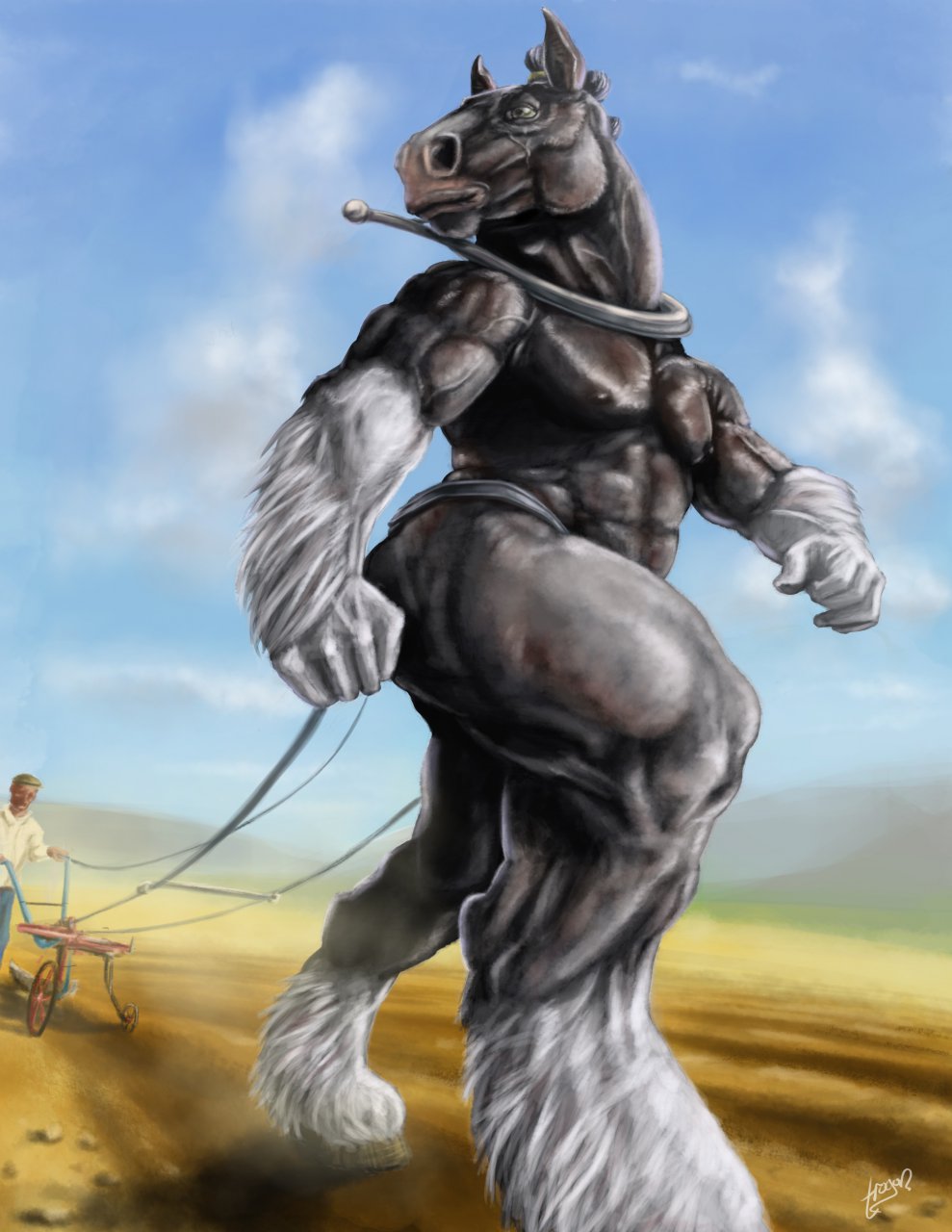 2014 5_fingers abs anthro biceps biped black_fur black_nipples blue_sky brown_hooves clothed clothing clydesdale day detailed_background digital_media_(artwork) draft_horse duo equine feathering field fur hi_res hooves horse human humanoid_hands looking_away male mammal multicolored_fur muscular muscular_male nipples nude outside pecs rannik signature sky snout solo_focus trogan two_tone_fur vein veiny_muscles walking white_fur