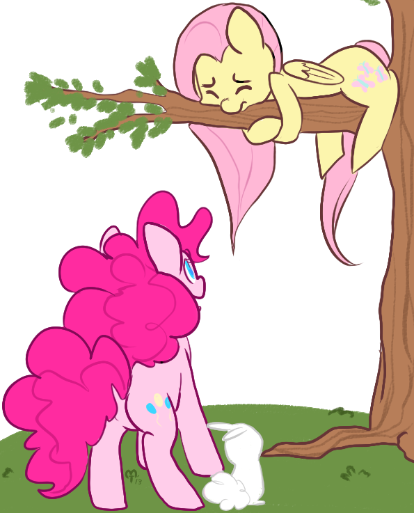 angel_(mlp) arthropod balloon biped blue_eyes butterfly cutie_mark equine eyes_closed feral fluttershy_(mlp) friendship_is_magic fur grass group hair horse insect lagomorph leaves mammal mt my_little_pony pegasus pink_fur pink_hair pinkie_pie_(mlp) pony quadruped rabbit simple_background stuck tree white_background white_fur wings yellow_fur yellow_wings