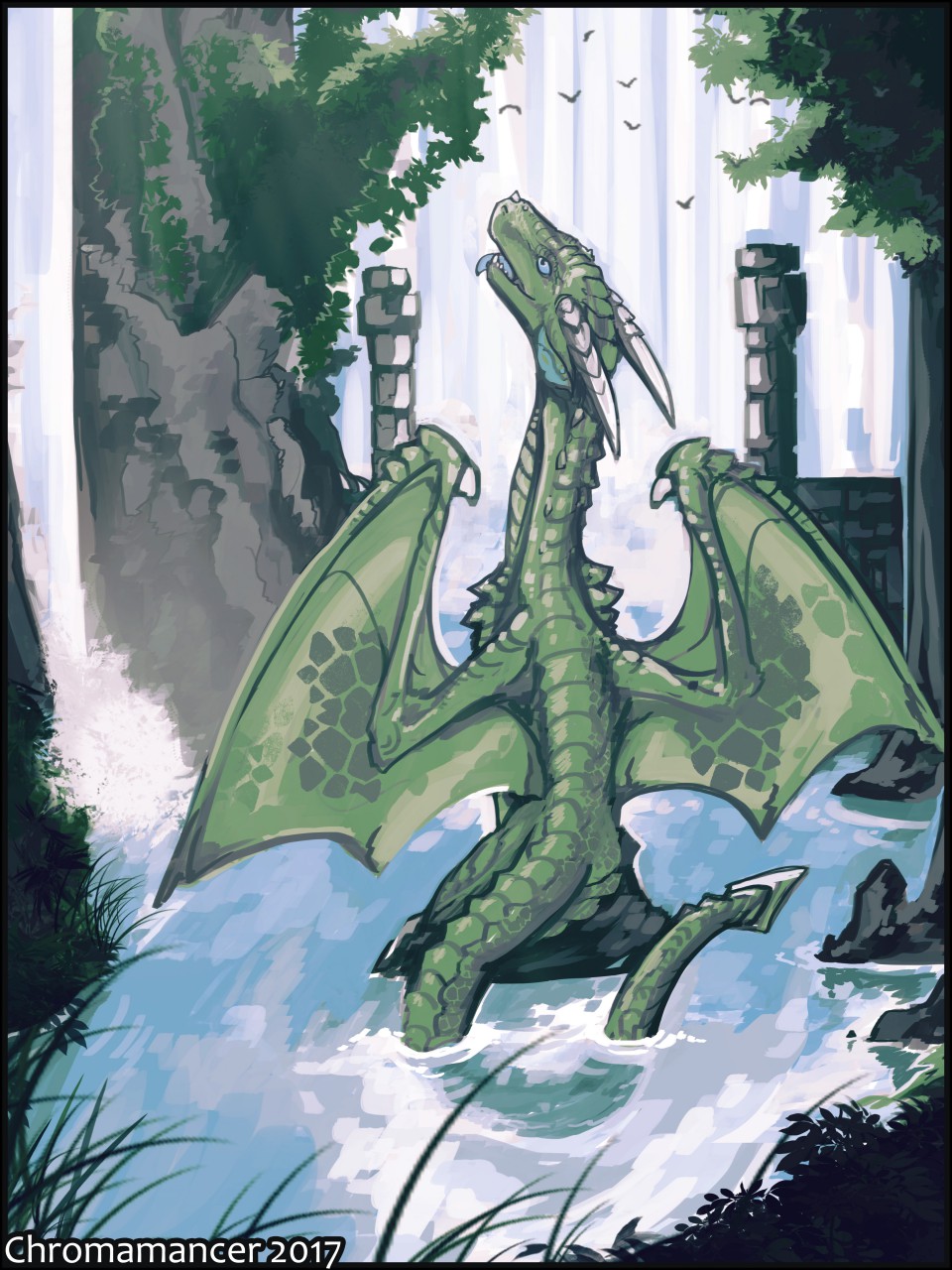 2017 chromamancer dragon green_scales horn outside scales solo tongue tongue_out water waterfall wings