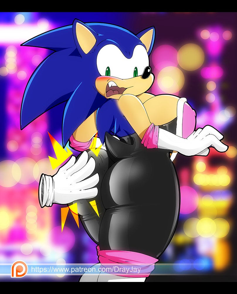 big_breasts big_butt black_nose blue_fur blush breasts butt clothing crossgender disembodied_hand dracojeff duo female fur green_eyes rouge_the_bat sonic_(series) sonic_the_hedgehog spanking tight_clothing toony