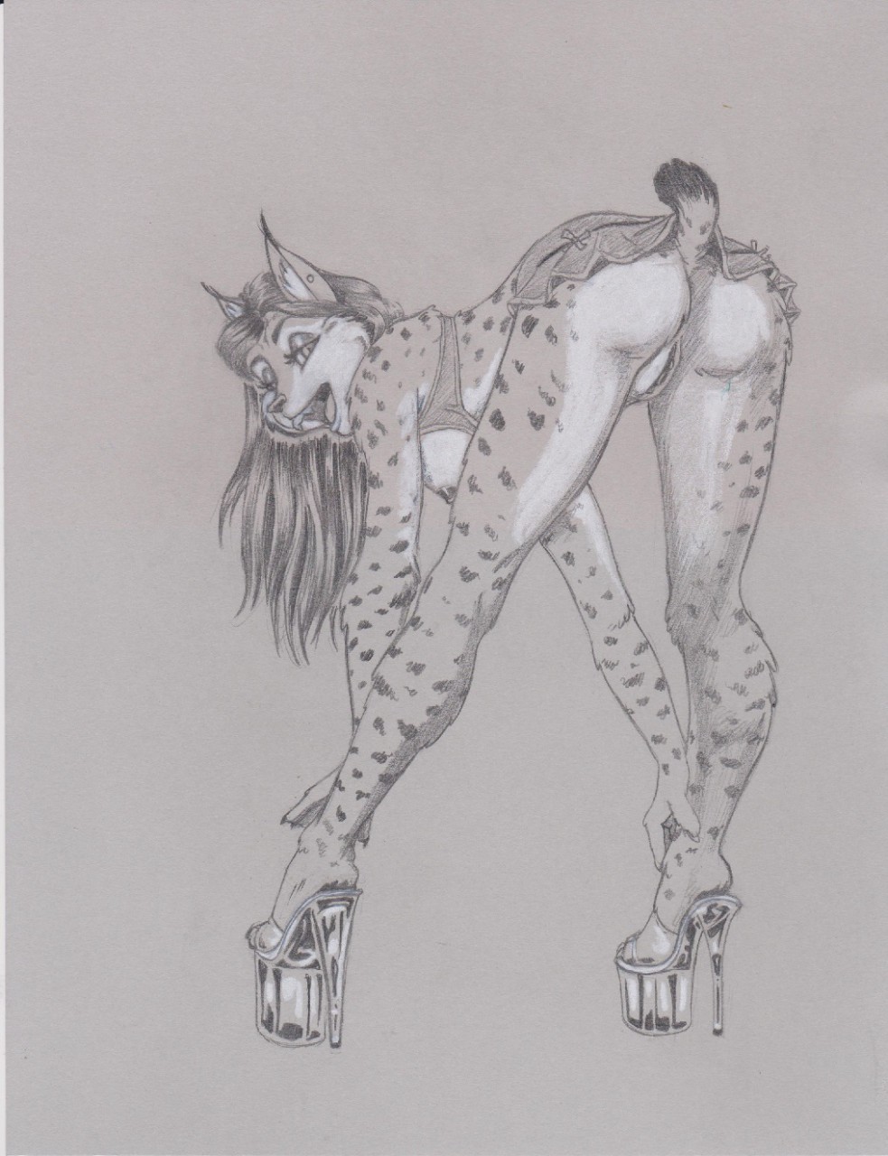 2016 anthro areola ass_up bent_over breasts clitoris clothed clothing ear_piercing ear_tuft erect_nipples feline female footwear hair high_heels lizebra long_hair looking_at_viewer looking_back lynx mammal miniskirt monochrome nipples nude open_mouth partially_clothed piercing platform_footwear platform_heels presenting presenting_pussy pussy shoes skirt solo spots tuft upskirt