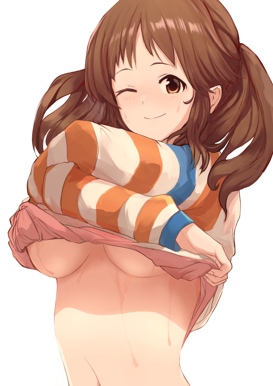 arm_wrap breasts brown_eyes brown_hair closed_mouth clothes_lift crossed_arms highres idolmaster idolmaster_cinderella_girls long_hair looking_at_viewer medium_breasts navel no_bra one_eye_closed solo standing striped striped_sweater sweat sweater sweater_lift totoki_airi twintails underboob upper_body white_background