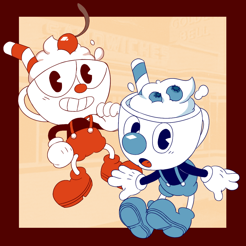 2017 4_fingers animate_inanimate candy clothing cream cup cuphead_(character) cuphead_(game) duo food footwear fruit gloves humanoid male mugman not_furry object_head open_mouth smile straw sunshinenoka video_games