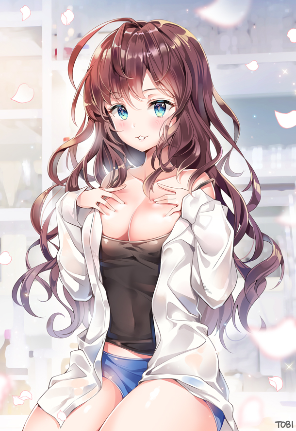 :3 :d ahoge artist_name bangs blue_eyes blue_shorts blush boyshorts breasts camisole collarbone commentary_request covered_navel eyebrows_visible_through_hair hands_on_own_chest hands_up ichinose_shiki idolmaster idolmaster_cinderella_girls indoors labcoat large_breasts long_hair open_mouth petals short_shorts shorts signature smile solo thighs tobi_(mue86) wavy_hair