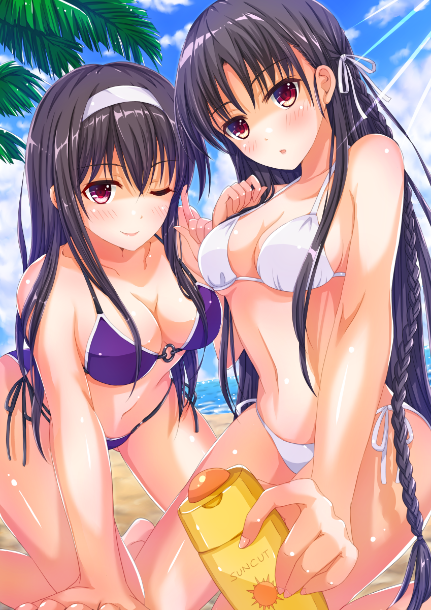 bikini black_hair blush braid breasts cleavage diffraction_spikes hairband highres horikita_suzune hoshimaemi kasumigaoka_utaha large_breasts long_hair looking_at_viewer lotion multiple_girls navel o-ring o-ring_top one_eye_closed purple_bikini red_eyes saenai_heroine_no_sodatekata side-tie_bikini sunscreen swimsuit white_bikini youkoso_jitsuryoku_shijou_shugi_no_kyoushitsu_e