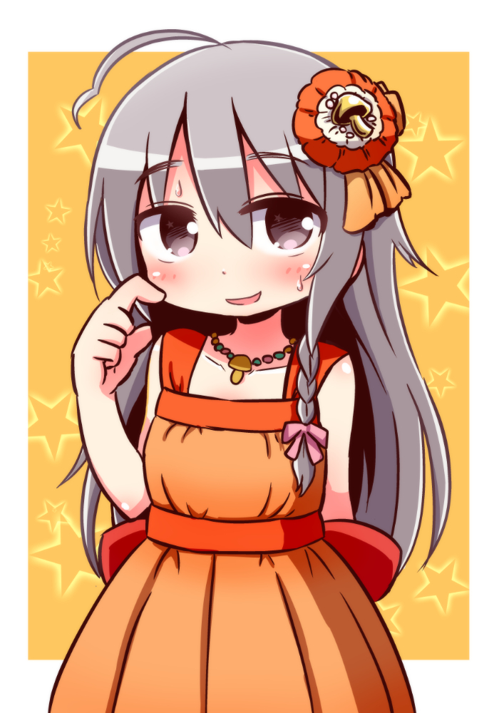 1girl ahoge arm_behind_back bangs blush bow braid brown_eyes collarbone commentary_request dress eyebrows_visible_through_hair grey_hair hair_between_eyes hair_bow hair_ornament hand_up head_tilt hoshi_shouko idolmaster idolmaster_cinderella_girls jewelry long_hair mushroom naga_u necklace orange_background orange_dress parted_lips pink_bow red_bow side_braid single_braid sleeveless sleeveless_dress smile solo star sweat two-tone_background very_long_hair white_background