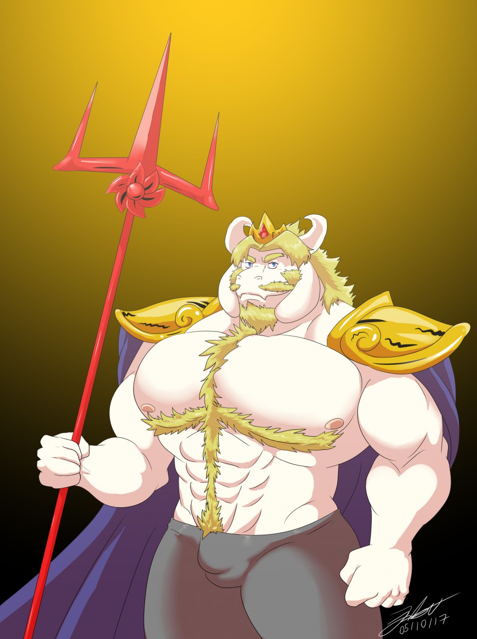 2017 5_fingers abs anthro armor asgore_dreemurr barazoku beard biceps big_muscles big_pecs blonde_hair blue_eyes body_hair boss_monster bulge cape caprine chest_hair clothed clothing crown digital_media_(artwork) eyebrows facial_hair front_view fur goat gradient_background grey_bottomwear grey_clothing grey_pants hair half-length_portrait happy_trail hi_res holding_object holding_weapon horn king looking_at_viewer male mammal mature_male melee_weapon miguel_okami muscular muscular_male mustache nipples pants pauldron pecs pink_nipples polearm portrait royalty short_hair signature simple_background solo standing trident undertale video_games weapon white_fur white_horn yellow_eyebrows
