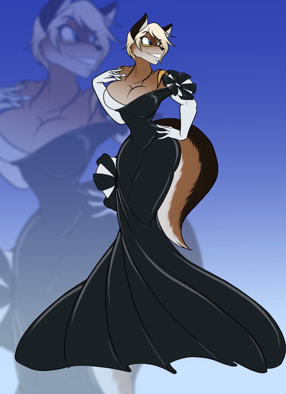 2017 anthro armwear ballroom_gown blonde_hair blue_eyes breasts canine cleavage clothed clothing dress elbow_gloves female gloves hair hi_res mammal solo toughset wide_hips wolf