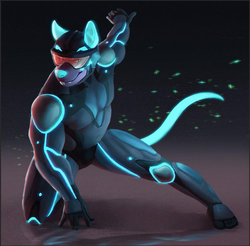 anthro armor baresenio blue_theme bodysuit bopsy clothed clothing digital_media_(artwork) eyewear futuristic glowing goggles kneeling machine male mammal neon_lights pose power_armor rat rodent science_fiction simple_background skinsuit smile solo suit tight_clothing