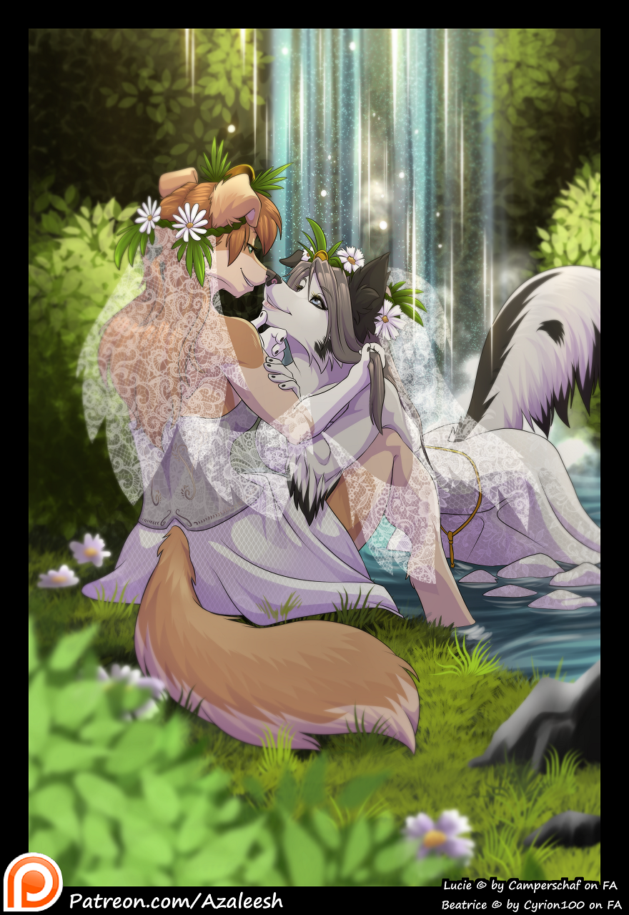 anthro azaleesh beatrice blue_eyes brown_hair canine clothing dress duo female female/female flower green_eyes grey_hair hair hi_res lucie mammal plant romantic_couple veil water