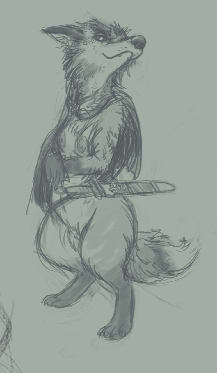 2017 breasts canine female fox hi_res looking_at_viewer mammal melee_weapon nude oddwilds sketch solo sword weapon