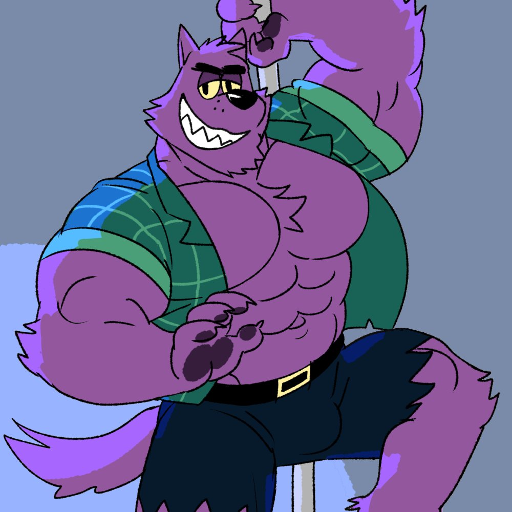 2017 abs anthro belt bernard_(ok_k.o.!_lbh) biceps big_muscles black_nose canine cartoon_network chest_tuft clothed clothing fangs flexing fur male mammal mixvariety muscular muscular_male navel ok_k.o.!_let's_be_heroes open_shirt pants pecs purple_fur shirt smile solo teeth torn_clothing triceps tuft were werewolf wolf