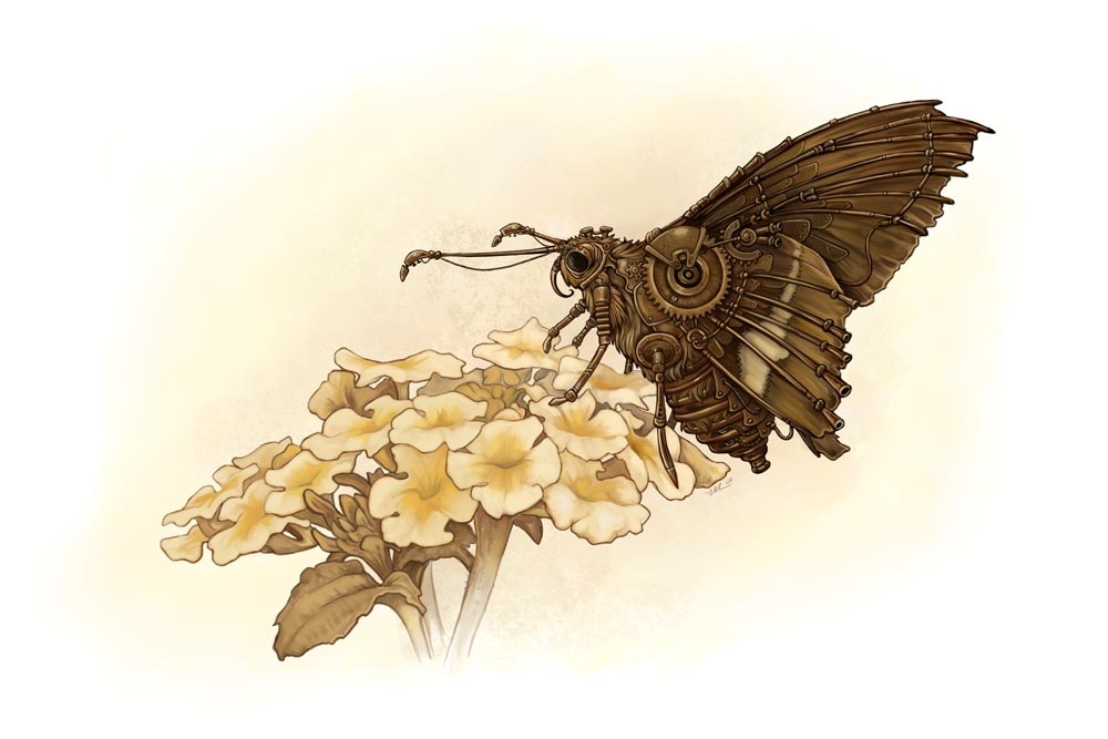 ambiguous_gender antennae arthropod black_eyes butterfly cybernetics cyborg feral flower insect machine plant solo steampunk story story_in_description ursula_vernon