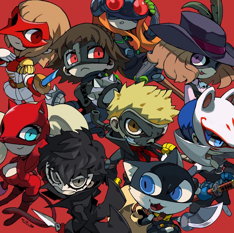 amamiya_ren black_hair blonde_hair blue_hair bodysuit brown_hair cat chibi fur_trim headphones jacket kitagawa_yuusuke long_hair looking_at_viewer mask morgana_(persona_5) niijima_makoto niking okumura_haru orange_hair persona persona_5 red_background red_eyes sakamoto_ryuuji sakura_futaba short_hair smile sword takamaki_anne twintails weapon zipper