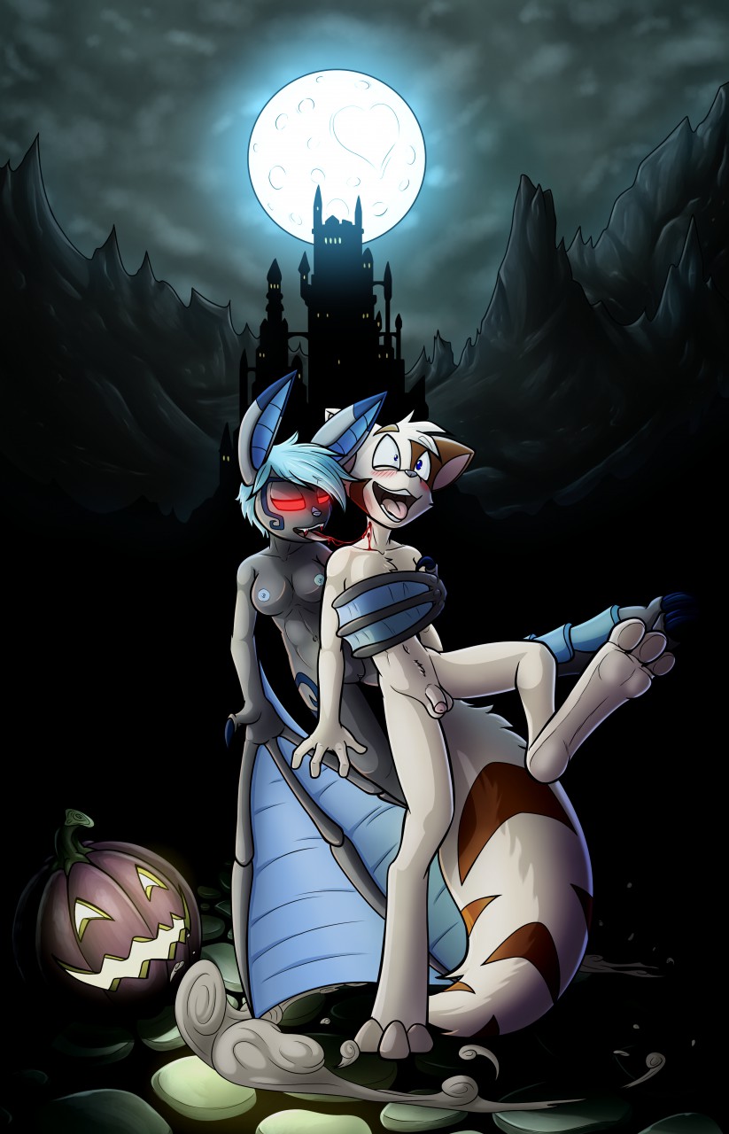 &lt;3 2017 anthro bat bat_wings blood blue_eyes blue_hair blue_nipples blush breasts cat dreamkeepers duo fangs feline female food fruit fur glowing glowing_eyes grey_fur hair halloween hi_res holidays jack-o'-lantern lord-kiyo mace_(dreamkeepers) male mammal membranous_wings moon nipples nude penis pumpkin pussy red_eyes tan_fur tongue tongue_out vampire vanth wings