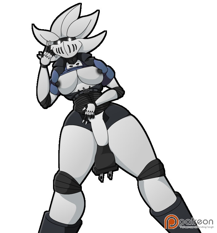 2017 alpha_channel big_breasts boots breasts clothing digital_media_(artwork) footwear glitch_(starbound) humanoid intersex jacket looking_at_viewer low-angle_view machine navel nipples not-furry not_furry nude patreon penis robot shorts simple_background solo standing standing_tough starbound thick_thighs transparent_background under_boob vein veiny_penis video_games wide_hips