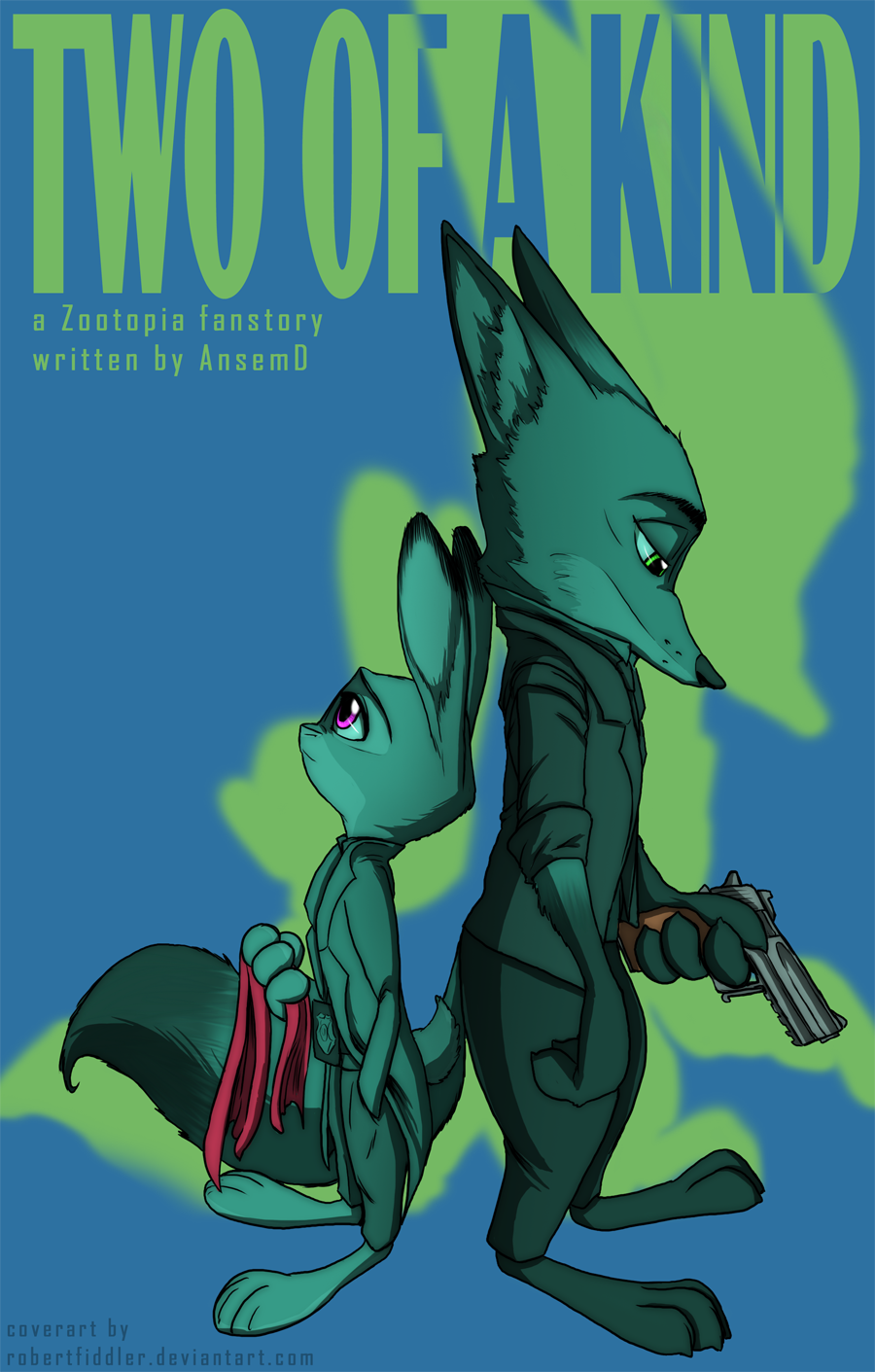 2017 anthro back_to_back barefoot blue_background canine clothed clothing cover dipstick_ears disney duo english_text fanfic_art female fox fur gun hand_in_pocket handgun hi_res holding_object holding_weapon judy_hopps lagomorph male mammal nick_wilde pistol police_badge rabbit ranged_weapon restricted_palette robertfiddler simple_background standing text weapon zootopia