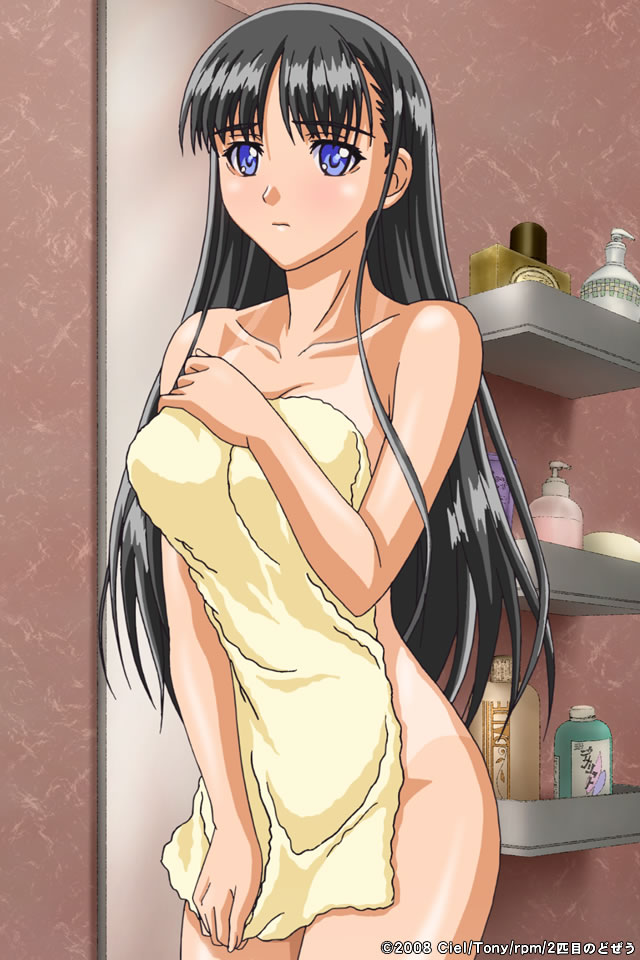 2008 artist_request black_hair blue_eyes covering long_hair mizushima_asa nude_cover one-piece_tan solo sora_no_iro_mizu_no_iro tan tanline towel watermark