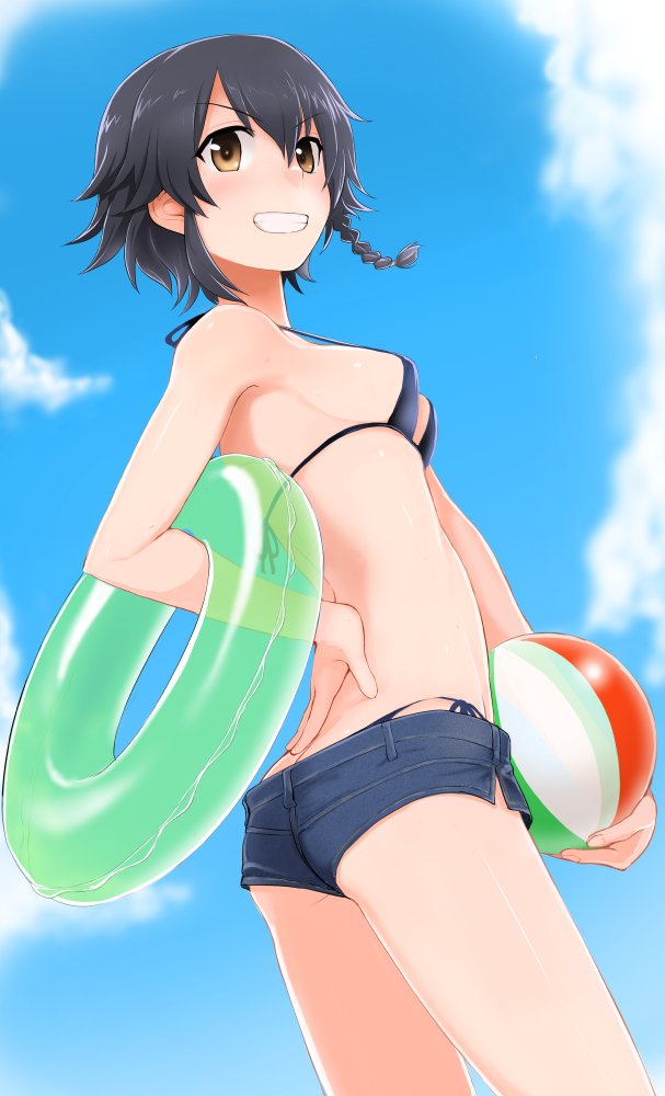 :d ball bare_shoulders beachball bikini black_hair blue_bikini blush braid breasts brown_eyes cloud day denim denim_shorts girls_und_panzer green_innertube grin halter_top halterneck innertube kumadano medium_breasts open_mouth pepperoni_(girls_und_panzer) short_hair short_shorts shorts side-tie_bikini side_braid sky smile solo swimsuit swimsuit_under_clothes