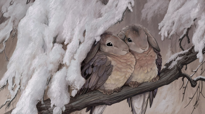 ambiguous_gender avian bird black_eyes branch dove duo feathered_wings feathers feral fur grey_feathers grey_fur hybrid lagomorph mammal mourning_dove rabbit snow ursula_vernon wings wood