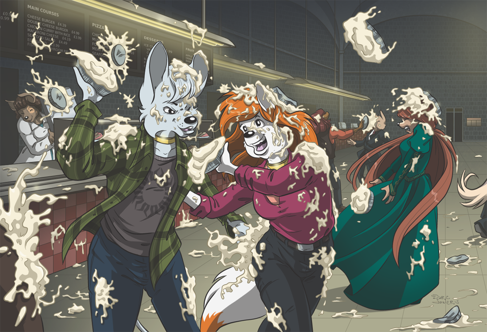 anthro breasts brown_hair canine clothed clothing code_name:_hunter darc_sowers dress female food food_fight fur gadel_al'gera grey_fur group hair lagomorph long_hair male mammal max_mcconnor mouse orange_hair pie pie_fight rabbit rodent ruby_pyrenees white_fur