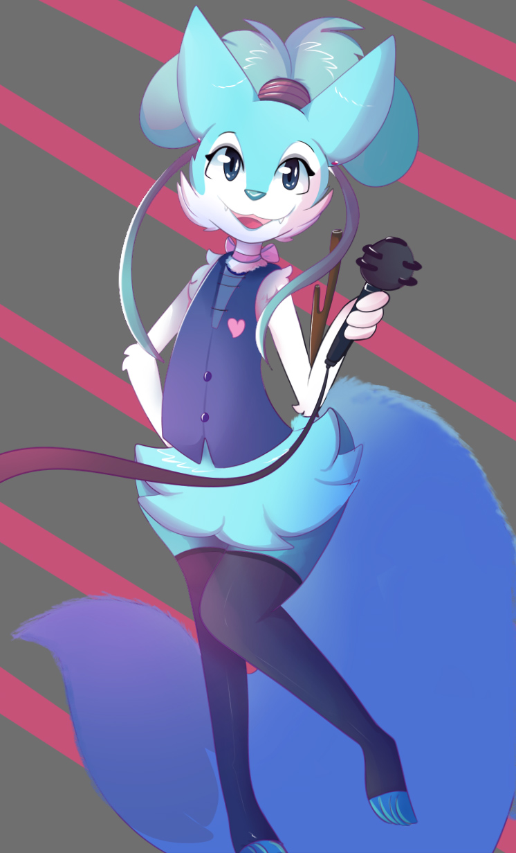 &lt;3 2017 alternate_color anthro blue_eyes blue_fur blue_hair braixen choker clothed clothing cosplay fan_character female flat_chested fluffy fluffy_tail fur hair hair_tie hairband hatsune_miku hi_res holding_object kitsunekotaro legwear looking_at_viewer microphone multicolored_fur nintendo on_one_leg open_mouth pattern_background pok&eacute;mon pok&eacute;mon_(species) pose ribbons roflfox simple_background slim solo standing stick thigh_highs tongue two_tone_fur vest video_games vocaloid white_fur wire