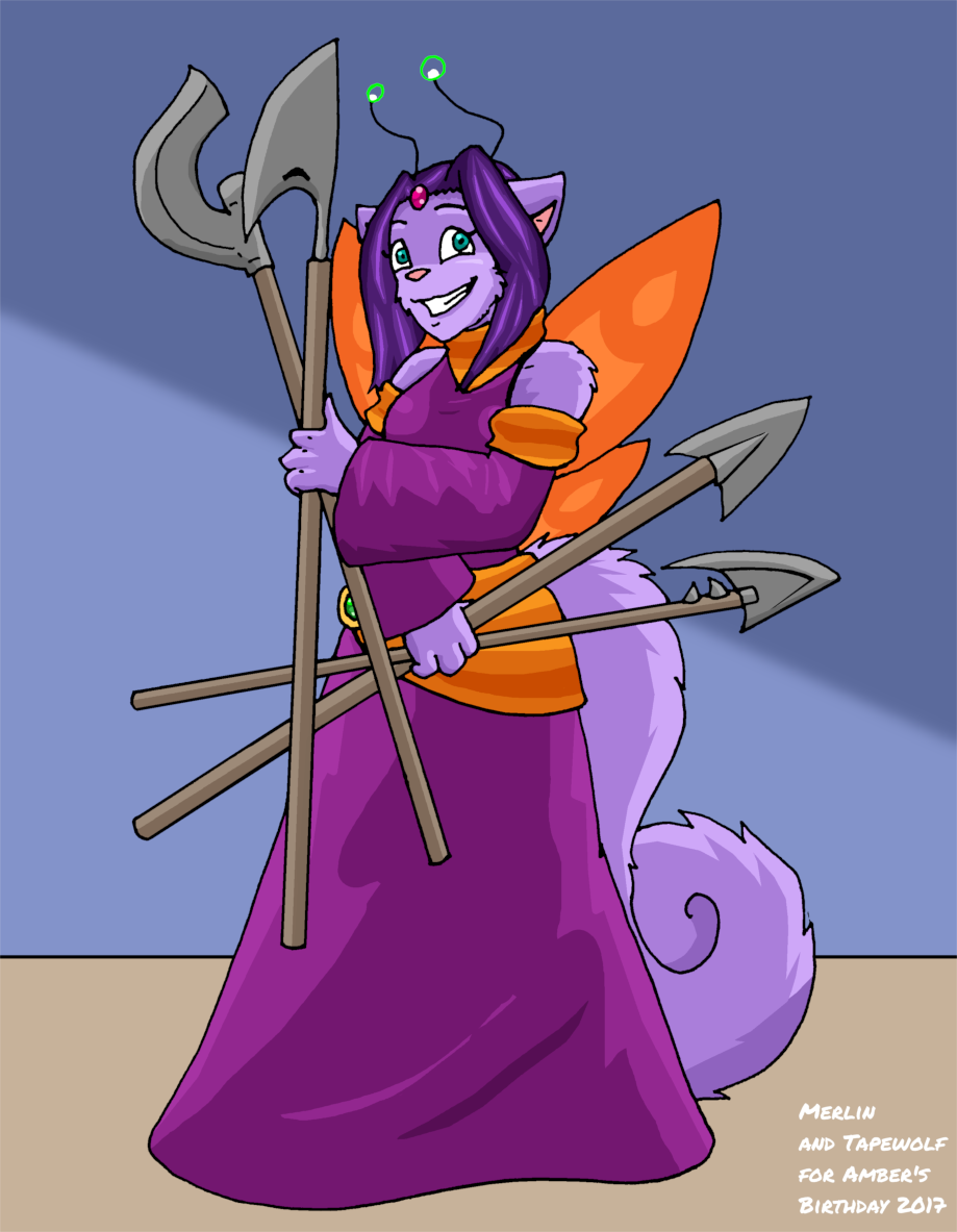 2017 antennae anthro cat clothed clothing dan_and_mab's_furry_adventures fairy feline female forehead_gem fur green_eyes hair insect_wings mab_(dmfa) mammal melee_weapon missymerlin polearm purple_fur purple_hair smile solo spear tapewolf weapon wings