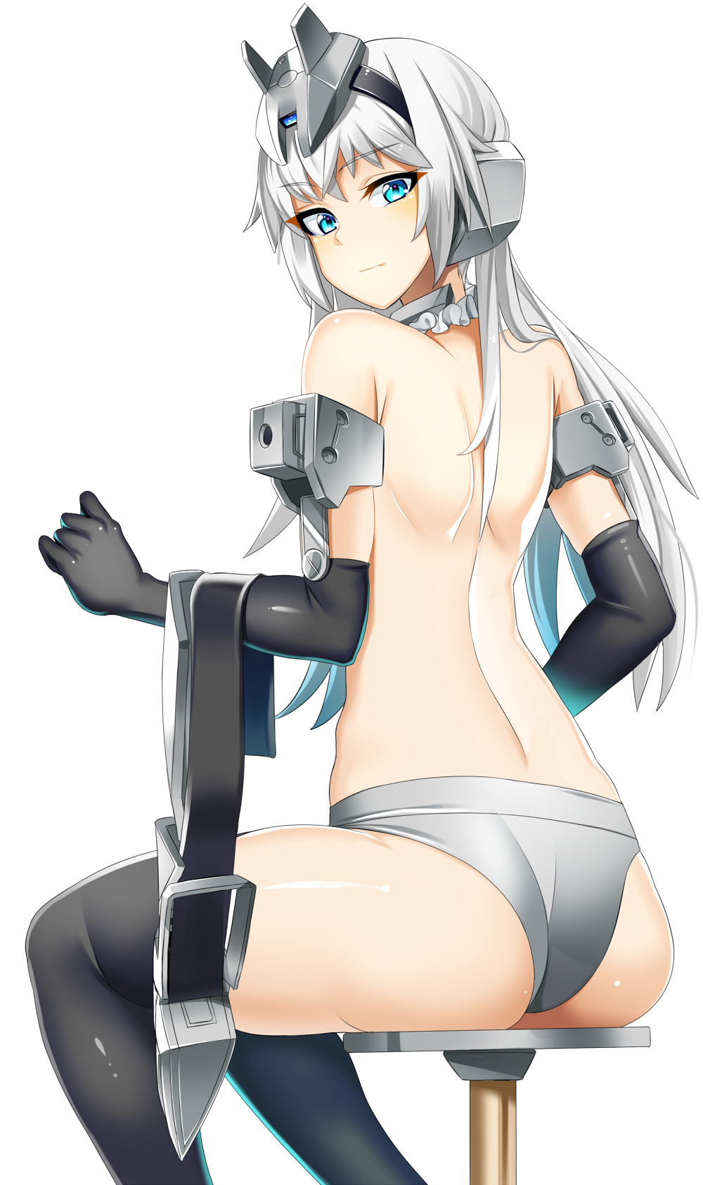 architect ass bare_back black_gloves black_legwear blue_eyes blush commentary_request convenient_arm elbow_gloves expressionless eyebrows_visible_through_hair frame_arms_girl from_behind gloves grey_panties highres koko_shiguma long_hair looking_at_viewer looking_back panties shiny shiny_hair shiny_skin shoulder_blades silver_hair simple_background sitting solo stool thighhighs topless underwear white_background