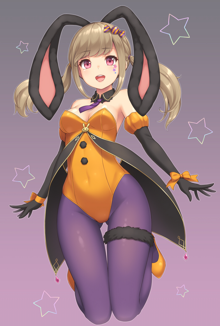 :d animal_ears armpit_peek ass_visible_through_thighs bangs bare_shoulders black_gloves bow breasts brown_hair bunny_ears bunny_girl bunnysuit candy_hair_ornament cleavage commentary_request covered_navel detached_collar detached_sleeves elbow_gloves extra_ears eyebrows_visible_through_hair facepaint food_themed_hair_ornament full_body gloves gradient gradient_background groin hair_ornament halloween halloween_costume jumping legs_up leotard light_brown_hair long_hair looking_at_viewer medium_breasts mini_necktie necktie open_mouth orange_footwear orange_leotard orange_ribbon original pantyhose pink_eyes purple_background purple_legwear purple_neckwear ribbon round_teeth sasaame shoes short_necktie sidelocks simple_background sleeveless smile solo star starry_background teeth thigh_gap thigh_strap twintails wing_collar wrist_ribbon yellow_footwear