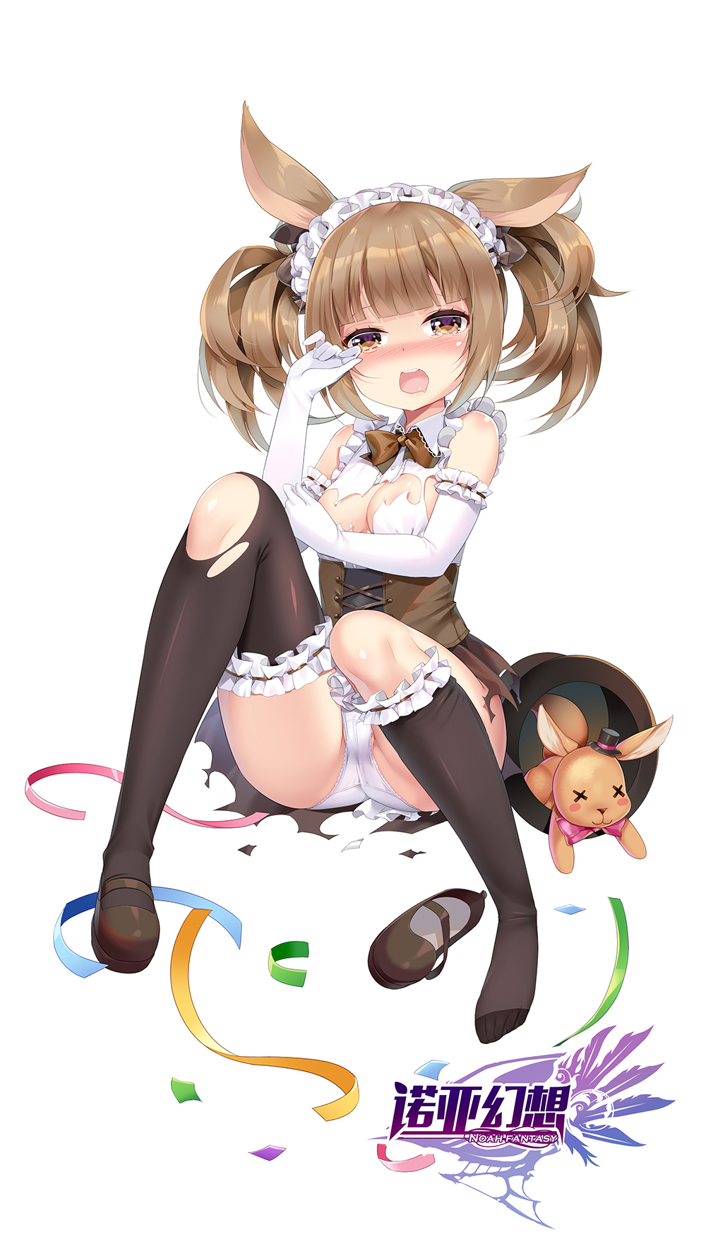 :3 animal_ears asymmetrical_legwear bangs black_hat black_legwear black_skirt blunt_bangs blush blush_stickers bow bowtie breasts brown_eyes brown_footwear brown_hair brown_neckwear collared_shirt confetti copyright_name corset drooling elbow_gloves eyebrows_visible_through_hair frilled_gloves frilled_legwear frilled_sleeves frills gloves hat hat_removed head_tilt headwear_removed heart heart-shaped_pupils highres kangaroo kangaroo_ears kneehighs long_hair looking_at_viewer maid mary_janes medium_breasts mini_hat mini_top_hat mvv noah_fantasy nose_blush official_art open_mouth panties partially_visible_vulva pink_bow shirt shoe_removed shoes sidelocks simple_background single_kneehigh single_shoe single_thighhigh sitting skirt sleeveless sleeveless_shirt solo symbol-shaped_pupils tears thighhighs top_hat torn_clothes torn_legwear torn_shirt torn_skirt twintails underwear upper_teeth white_background white_gloves white_panties white_shirt wiping_tears x_x