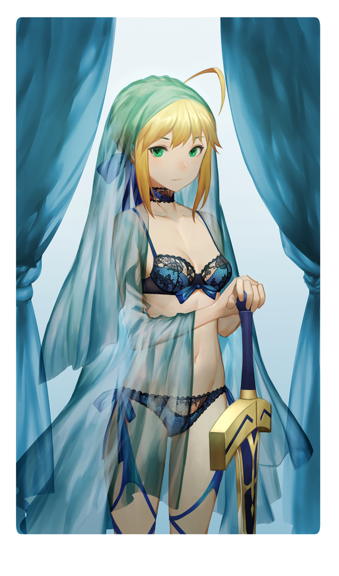 ahoge artoria_pendragon_(all) bangs blonde_hair blue_bra blue_panties bra breasts choker closed_mouth cowboy_shot curtains excalibur fate/stay_night fate_(series) green_eyes holding holding_sword holding_weapon lace_trim lingerie looking_at_viewer panties planted_sword planted_weapon saber salmon88 sidelocks small_breasts solo sword underwear veil weapon