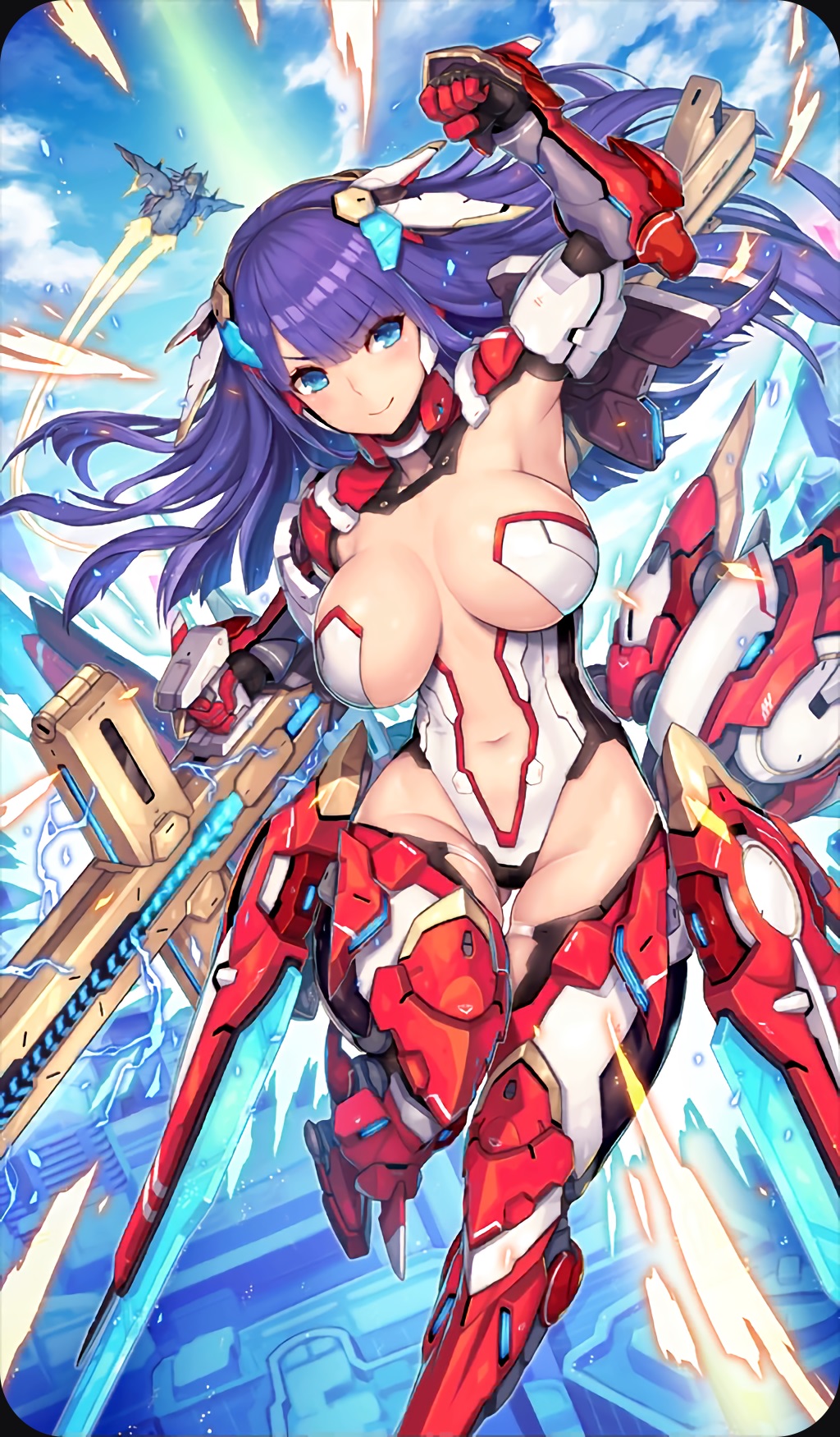 2d adapted_costume aerial_drive armpits ass_visible_through_thighs blue_eyes blush breasts building clenched_hand commentary craft_essence fate/grand_order fate_(series) gloves gun headgear highres large_breasts long_hair looking_at_viewer mecha_musume navel official_art purple_hair resized saint_martha smile solo source_request thighhighs upscaled weapon