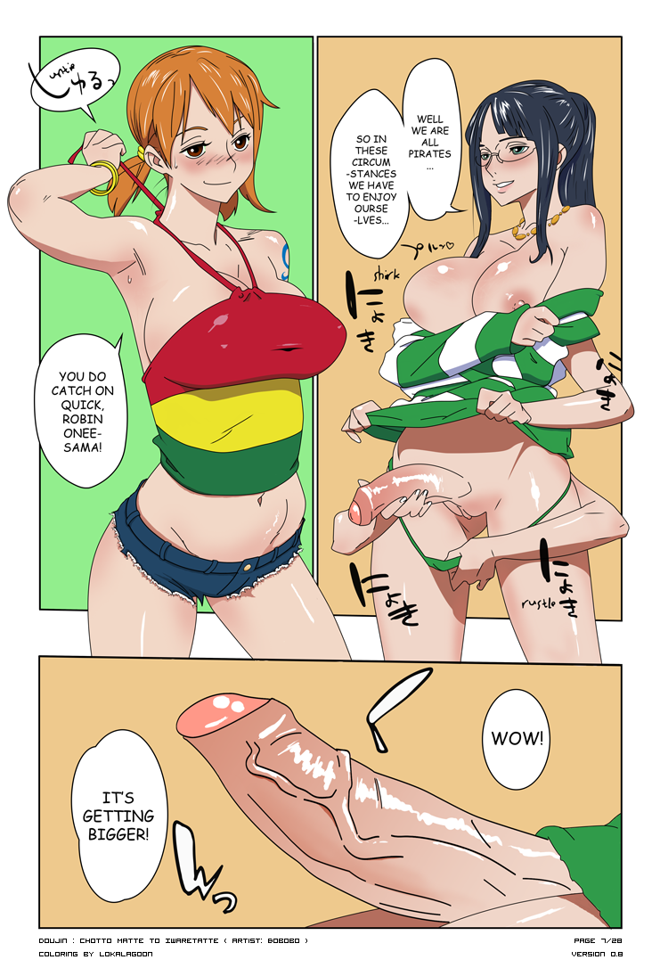 2girls bangle bangs blush bobobo bracelet breasts brown_hair clitoris crop_top denim erect_nipples female futanari glasses halter_top jewelry large_breasts long_hair multiple_girls nami_(one_piece) necklace nico_robin one_piece one_piece:_strong_world penis ponytail shiny shiny_skin shirt short_dress short_shorts short_twintails shorts simple_background smile standing striped striped_dress striped_sweater sweater sweater_dress tagme tattoo twintails